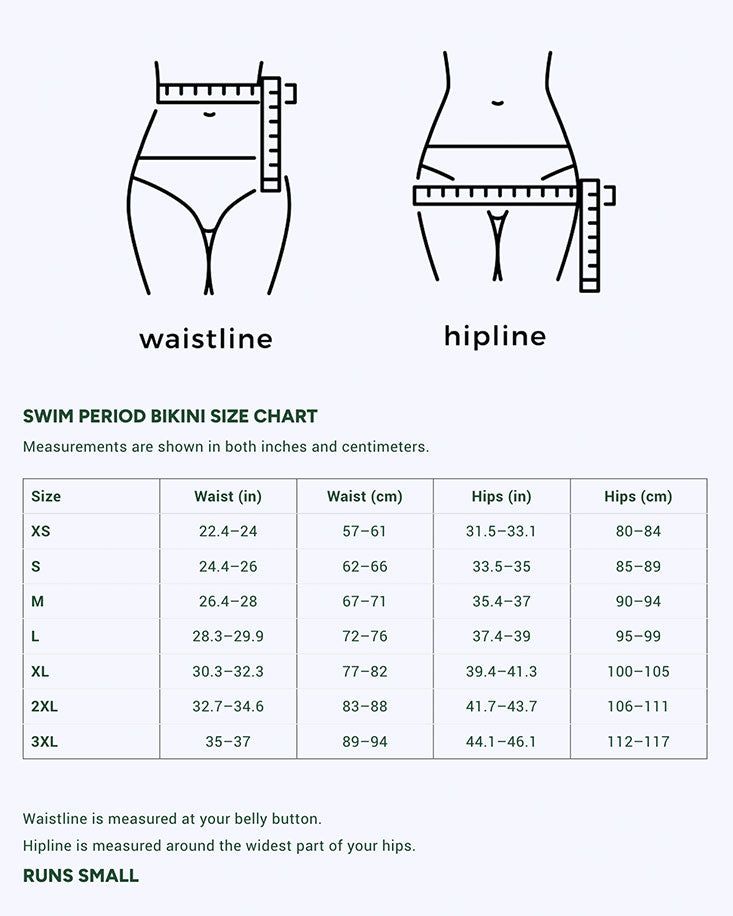 Diagram showing how to measure waistline at the belly button and hipline at the widest part of the hips. Below is a size chart for Period Swim Bottoms - Bikini Cut with waist and hip measurements in inches and centimeters.