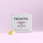 A box of NeuEve Velvet 70+ Suppository is shown against a light pink background, with two yellow suppositories in front, emphasizing its support for pH balance and vaginal health for women experiencing extreme dryness.