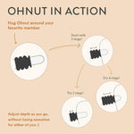 Diagram illustrating how to use Ohnut Buffer Rings - Set of 4 during intercourse by stacking 2, 3, or 4 rings on the base of a penis to control penetration depth, with instructional text and directional arrows.