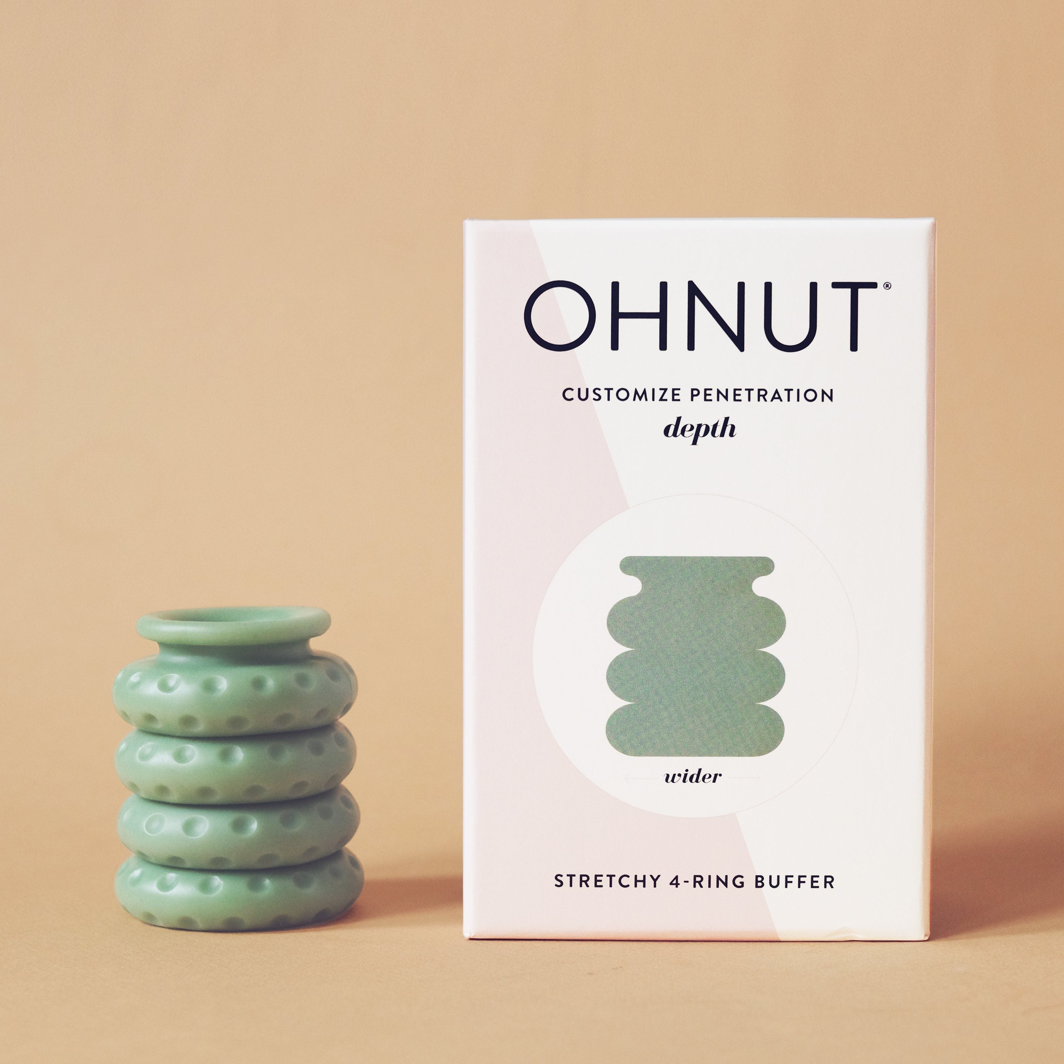A box labeled Ohnut Buffer Rings - Set of 4 stands beside four stacked, teal, textured body-safe rings. The box reads "Customize penetration depth" and "Stretchy 4-ring buffer" on a neutral beige background.